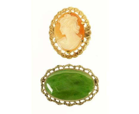 A rolled gold cameo brooch, and jade brooch.
