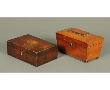 A Regency/William IV mahogany tea caddy, length 22 cm, and a Georgian inlaid mahogany rectangular box.