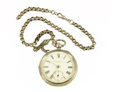 A large silver cased key wind open faced pocket watch, by Fattorini & Son and with fancy link Albert chain.  Diameter 57 mm. 