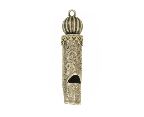A Post-Medieval silver hawking whistle, with scooped mouth piece, foliate scroll carved body and melon finial with loop.  Len