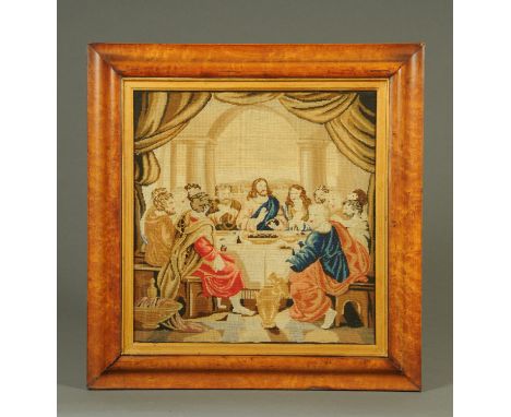 A Victorian Berlin woolwork panel, "The Last Supper".  45 cm x 43 cm, in maple frame.    CONDITION REPORT:  The frame has age