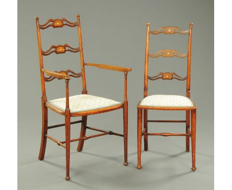 An early 20th century Art Nouveau armchair, ladder back and with similar side chair.