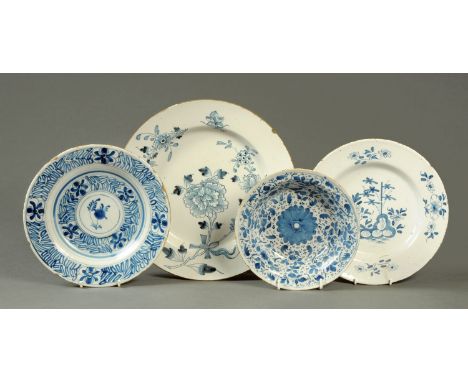 Three English Delftware plates and bowl, all blue and white, including London 1720 shallow bowl, diameter 19.5 cm.  Largest d