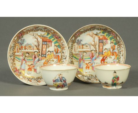 Two late 18th/early 19th century Chinese porcelain tea cups and saucers, polychrome, decorated with figures and animals (see 