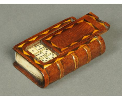 A 19th century inlaid box, small book form, incorporating miniature bone dominoes.  88 mm x 56 mm (see illustration).   CONDI