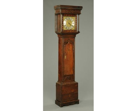 A George III oak longcase clock, with thirty hour single pointer movement marked "Bennitt, Uttoxeter", the oak case inlaid wi