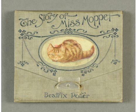 Beatrix Potter "The Story of Miss Moppett", 1906 First Edition, wallet form.  Inside cover - all lettered in white within sin