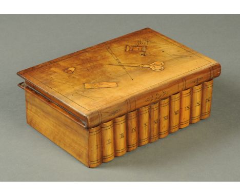 A George III inlaid workbox, with thimble, bobbin and scissors to lid and with book form front.  Width 25 cm (see illustratio