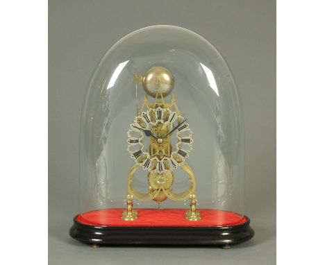 A Victorian skeleton clock, single-train fusee, housed under a glass dome.  Overall height 50 cm (see illustration).   CONDIT