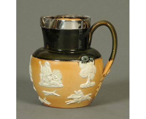 A Royal Doulton silver rimmed hunting jug, London 1901.  Height 16.5 cm.
