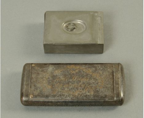 A 19th century rectangular pewter box with hinged lid, and a metal snuff rasp/box inscribed "John Wright, Grantham 1747".  Le