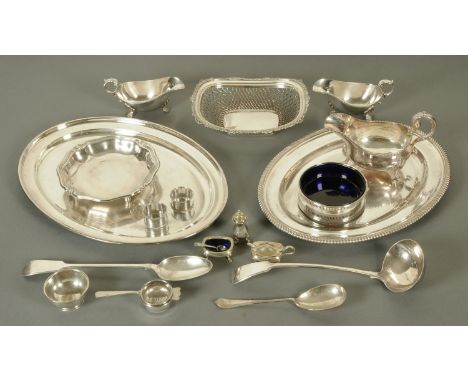 Two silver plated ashettes, wirework basket, shallow bowl, bottle coaster, condiment set, two napkin rings, tea strainer, lad