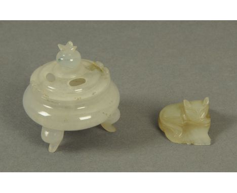 A miniature carved jade model of a seated cat, and a censer bearing seal.  Censer diameter 45 cm. 