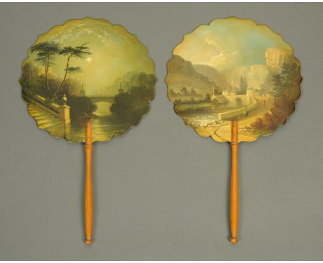 A pair of Jennens & Bettridge papier mache face screens, one marked "Chadder Cliffs" the other "Jennens & Bettridge".  Height