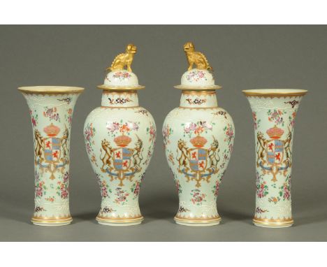 A pair of Samson of Paris lidded vases, in the Chinese style, polychrome, and a pair of spill vases.  Tallest 32 cm (see illu