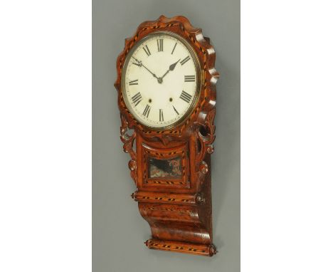 A Victorian inlaid walnut American wall clock, with shaped dial surround and bolster scroll foot.  Height 80 cm.  