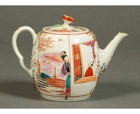 A Worcester "Boy at the Window" teapot and cover, ovoid form, polychrome, decorated with Oriental figures, height 14 cm, and 