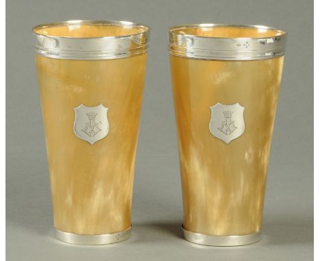A pair of Victorian silver mounted horn beakers, London 1874.  Height 19 cm (see illustration).    CONDITION REPORT:  These a