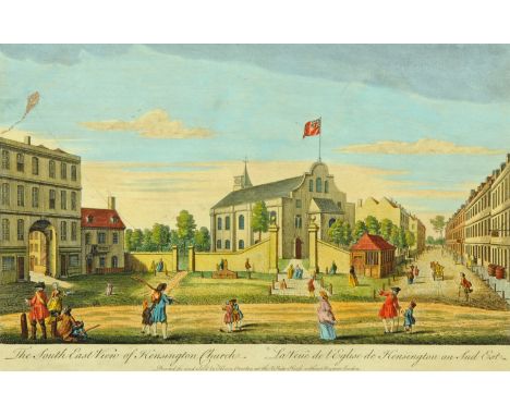An antiquarian print by Henry Overton, "South East View of Kensington Church".  25 cm x 39 cm, framed.