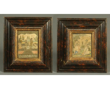 A 17th century embroidered stumpwork picture, King Charles II with courtiers in exile, and another similar of Queen Catherine