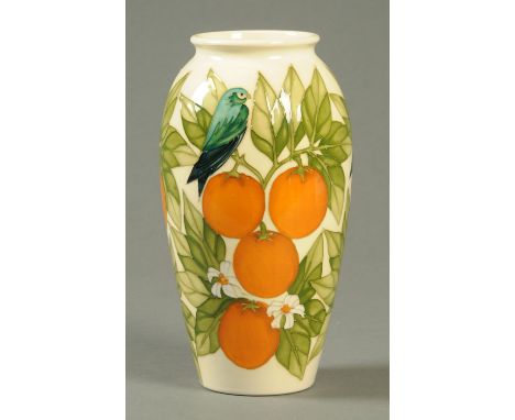 A Moorcroft vase, Finches by Sally Tuffin, First Quality.  Height 26 cm (see illustration). 