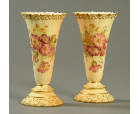 A pair of Royal Worcester vases, trumpet shaped with flared lip and with handpainted floral sprays, puce printed mark also G7