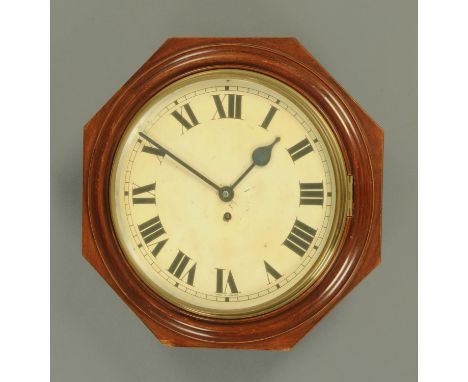A late Victorian mahogany wall clock, with octagonal case, circular dial and single-train spring driven movement.  Case width