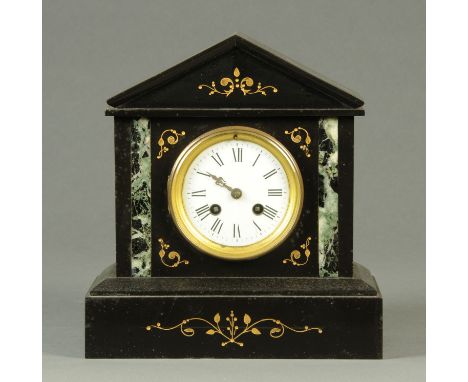 A late Victorian black slate and marble mantle clock, with two-train striking movement.  Width 27 cm, height 29 cm. 