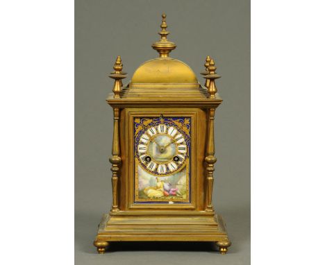 A 19th century French gilt clock with porcelain panels and dial, with two-train striking movement, the face marked "Lambert, 