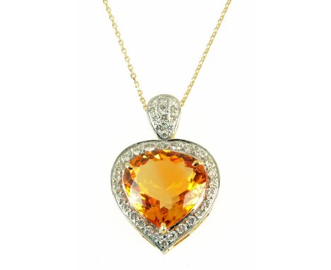 A 14 ct yellow good trillion shaped citrine and diamond cluster pendant, on 18 ct gold chain (see illustration).
