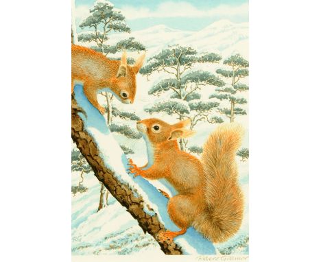 Robert Gillmor, watercolour, red squirrels in Winter landscape.  20 cm x 13.5 cm, framed, signed (see illustration).    CONDI