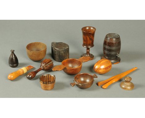 Thirteen pieces of Victorian Treen, goblet, barrel with turn off lid and base, two salts, sifter, butter mould, lidded vessel