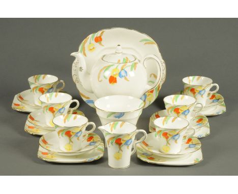 An Art Deco Taylor & Kent floral patterned tea set, comprising teapot, sugar basin, milk jug, 6 cups, 6 saucers, 6 plates and