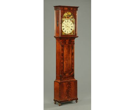 An early 19th century Scottish mahogany longcase clock, with moulded cornice above an arched dial and two-train striking move