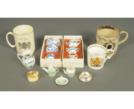 A Coalport miniature tea service, with matching plate, cup and saucer, both boxed, three boxed Spode miniatures, Wedgwood Sil