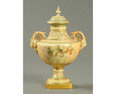 A Royal Worcester lidded urn, with thistle and foliate decoration, puce printed mark and Registration No. 188129 and 1572.  H