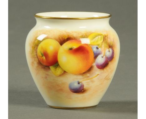 A Royal Worcester vase, painted with fruit by Roberts, black printed mark No. 2491.  Height 7 cm. 