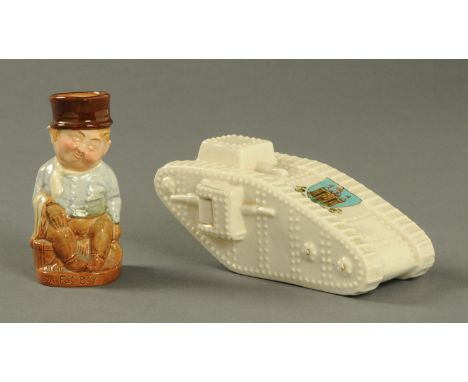 A large crested china First World War tank, Arcadian China, with Salisbury coat of arms, length 16 cm, and a Royal Doulton ch