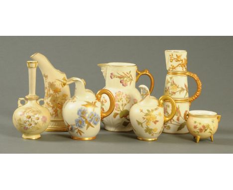 Seven pieces of Royal Worcester, five jugs, vase and cauldron.  Tallest 20 cm (see illustration).    CONDITION REPORT:  The v