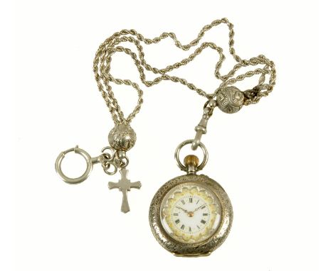 A ladies silver fob watch, with foliate engraved case, knob wind and with fancy link chain.  Diameter 35 mm. 