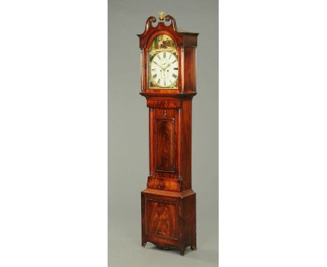 An early 19th century Scottish mahogany longcase clock, with swans neck pediment above the arched painted dial and two-train 