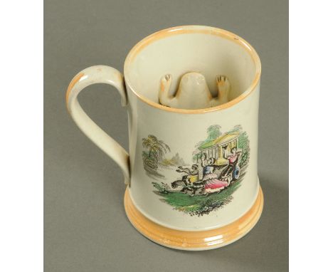 A 19th century Sunderland lustre frog mug, with tinted transfer print to either side.  Height 13 cm. 