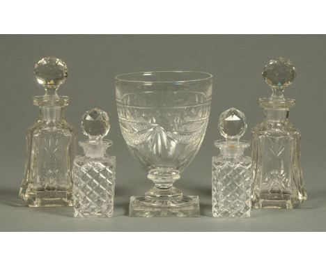 A 19th century cut glass goblet, with lemon squeezer base, two pairs of glass scent bottles, pair of crystal perfume bottles,