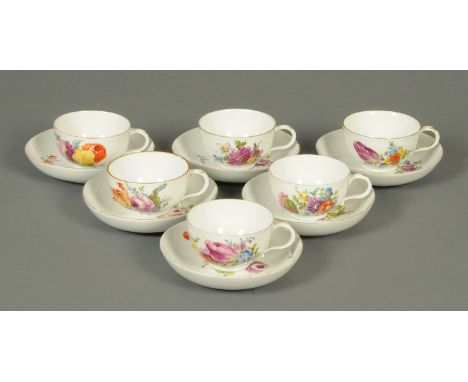 Six late 19th century Meissen cups and saucers, polychrome, with crossed swords mark to base.   CONDITION REPORT:  All pieces
