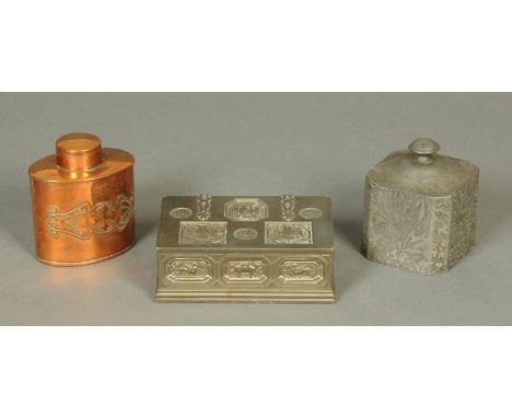 An Arts & Crafts oval copper tea caddy, stamped "JS & SB", another pewter stamped "Sturges Patent" and a pewter cigarette box