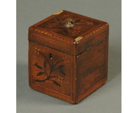 A George III inlaid mahogany tea caddy, with single compartment and brass handle to lid.  Width 11.5 cm. 