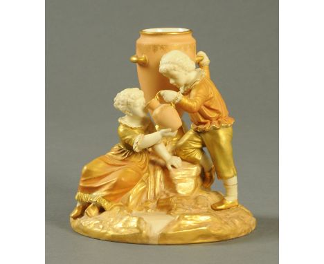 A Royal Worcester figure group, boy and girl at urn, puce printed mark.  Height 18 cm.    CONDITION REPORT:  Very good condit