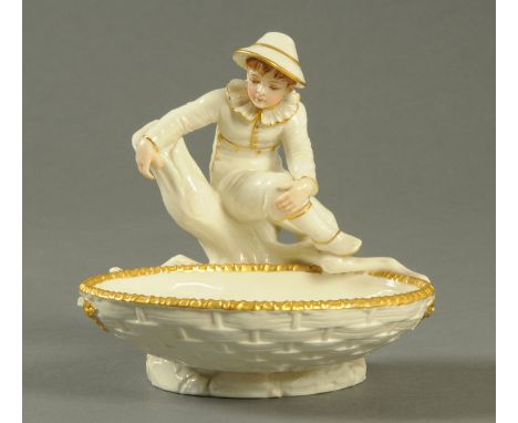 A Royal Worcester figure, boy on branch with basket to front. puce printed mark and impressed marks.  Length 16.5 cm (see ill