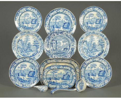 A Copeland Spode's Italian blue and white shaped plate, seven further plates with dog rose borders, two small meat plates, la