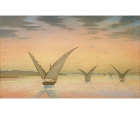 A pastel, "Twilight in Egypt, Amethyst Afterglow" depicting dhows on The Nile.  50 cm x 88 cm, famed, indistinctly signed.  